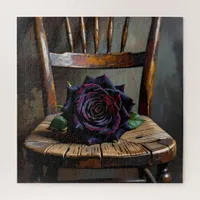 Pretty Black Rose on Rustic Chair Valentine's Day Jigsaw Puzzle