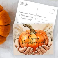 Watercolor Hands Holding a Pumpkin Thanksgiving Postcard