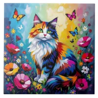 Pretty Colorful Impasto Cat and Flowers Ceramic Tile