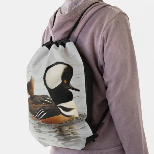 A Meeting of Hooded Merganser Ducks at the Pond Drawstring Bag