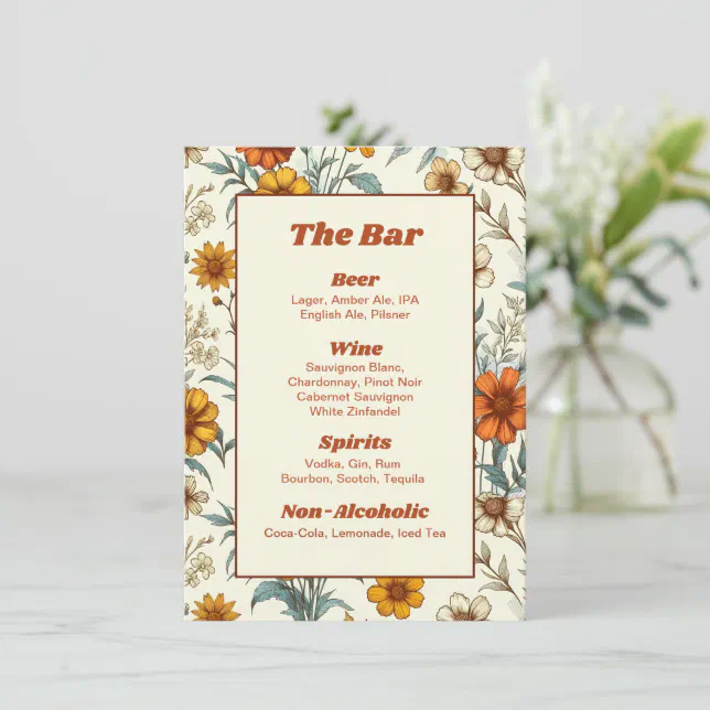 Vintage Floral 70s Timeless Wedding Bar Menu