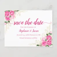 Pink and Gold Floral Roses Wedding Save the Date Announcement Postcard