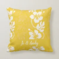 Yellow White Hawaiian Hibiscus Flower Pattern Throw Pillow