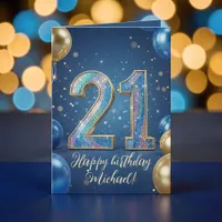 Elegant Blue Gold Sparkly Balloons 21st Birthday Card