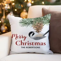 Christmas Chickadee Personalized Holiday Throw Pillow