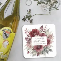 Elegant Burgundy Floral Watercolor Wedding Names Square Paper Coaster