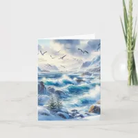 Serene Winter Watercolor Coastal Seascape Blank Note Card