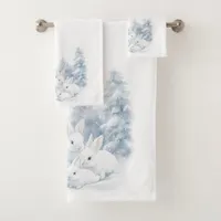 Cute White Rabbits in Snow Winter Holiday Bath Towel Set