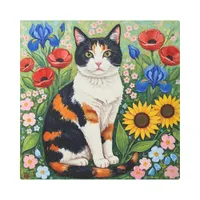 Calico Cat and Folk Art Sunflowers