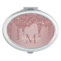 Rose Gold Sparkle Glam Glitter Drips Monogram Compact Mirror