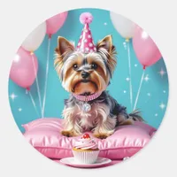 Cute Pink Yorkie Birthday Classic Round Sticker