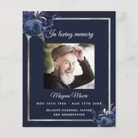 Navy blue florals silver photo funeral program