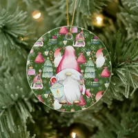 Christmas Santa Gnome & Green Pattern Name & Date Ceramic Ornament