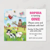 Farm Animals First Birthday Invitation Postcard