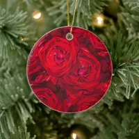 Red rose blossoms with dewdrops - photography ceramic ornament