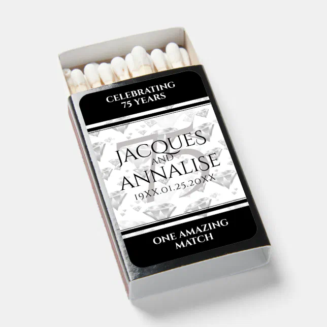 Elegant 75th Diamond Wedding Anniversary Matchboxes