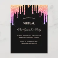 Virtual New Years Eve party rainbow glitter black Postcard