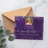 Birthday purple silver photo save date flyer