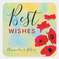 Red Watercolor Poppies Best Wishes Square Sticker