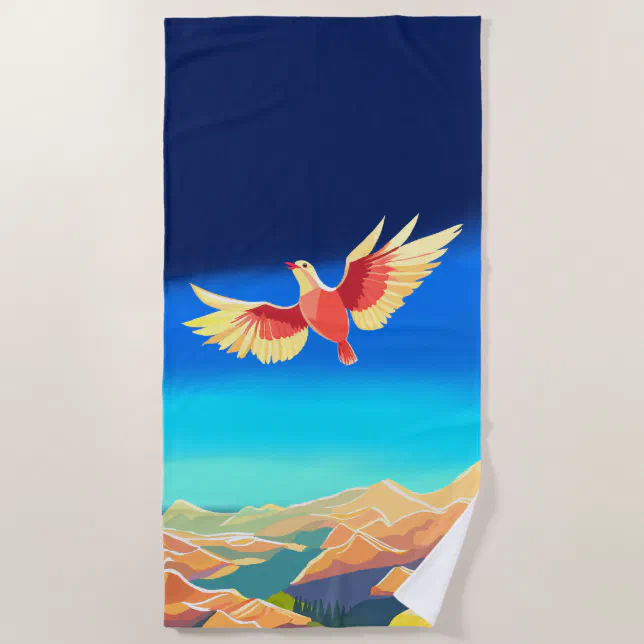 Colorful bird flying above the mountains beach towel