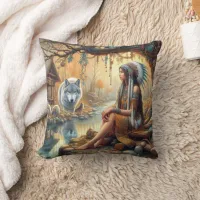 Native American Woman Sitting With A Wolf By Water Throw Pillow