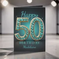 Teal Pearl Diamond Glam 50th Birthday Greeting Card