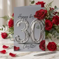 Elegant Silver Red Rose Romantic 30th Birthday Card