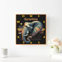 Vibrant-patterned elephant at sunset square wall clock