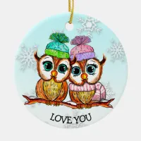 Watercolor Owls with Personalized Message on Back Ceramic Ornament