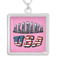 Alabama Picture and USA Flag Font Silver Plated Necklace