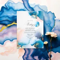 Elegant Blue & Gold Alcohol Ink with Blush Accents Invitation