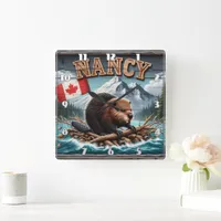 Beaver on Raft With Flag in Scenic View Square Wall Clock