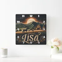 Sunset Over Farm With Horse and Barns in Mountains Square Wall Clock