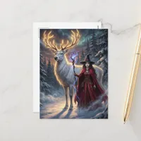 Witch and Giant Reindeer Surreal Winter Holiday Postcard
