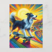 Cute Surreal Skateboarding Border Collie Postcard