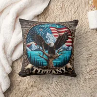 Majestic Eagle Over Mountains and American Flag Throw Pillow