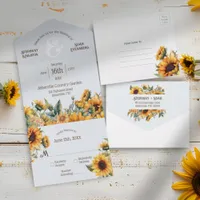 Rustic Light Blue Watercolor Sunflower Wedding All In One Invitation