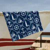 Nautical Icons Navy Blue and White Rope Beach Towel