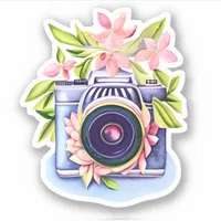 Vintage Camera, Pink Flowers, Green Foliage  Sticker