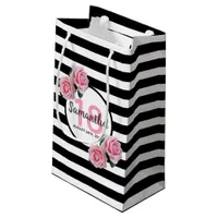 18th birthday pink roses black white stripes small gift bag