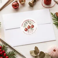 Red Ornament Watercolor Holiday Return Address Classic Round Sticker