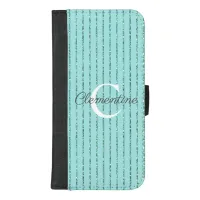 Girly Teal Blue Sparkle Glitter Stripes Monogram iPhone 8/7 Plus Wallet Case