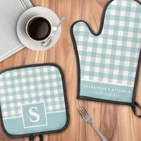 Pastel Blue Gingham Plaid Checkered Monogrammed Oven Mitt & Pot Holder Set