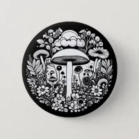 Black and White Flowers and Mushrooms Vintage Button