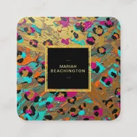 ** AP93 Leopard Animal Neon Bold Abstract Gold Square Business Card
