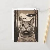 Funny Sepia Kitty and UFOs Postcard
