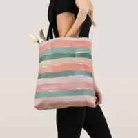 Wide Watercolor Stripes Shades of Teal Peach Pink Tote Bag