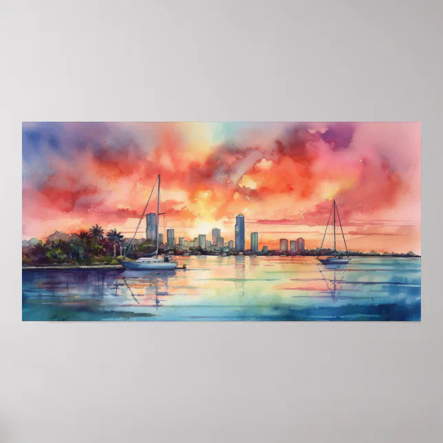 Watercolor sunset over Miami from Biscayne Bay Poster