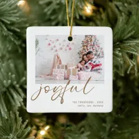 Modern 2 Photo Joyful Gold Script Christmas Ceramic Ornament