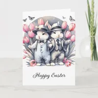 Adorable Vintage Easter Rabbits Pink Tulips Holiday Card